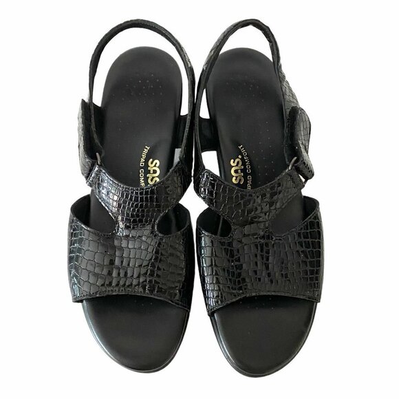SAS San Antonio Shoemakers Black Leather Croc Embossed Suntimer Sandals Size 8.5 - Picture 4 of 10